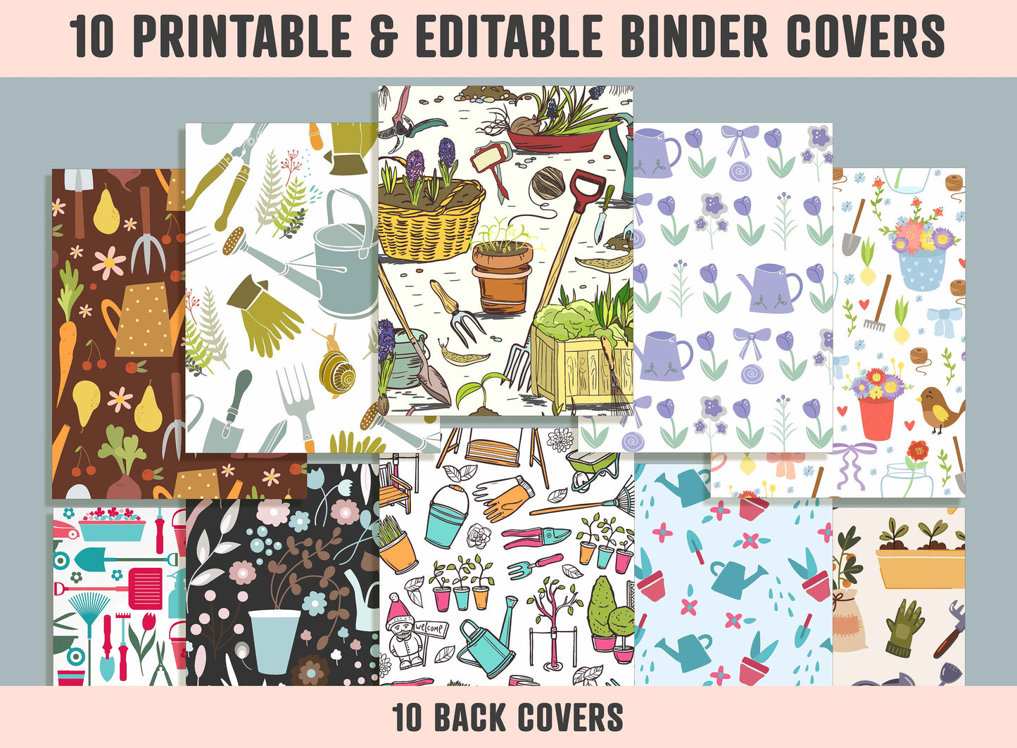 Gardening Binder Cover, 10 Printable & Editable Binder Covers+Spines, Planting Planner Template, Teacher/School Binder Labels/Inserts