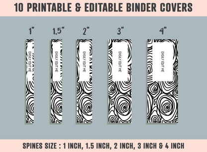 Abstract Vector Binder Cover, 10 Printable/Editable Binder Covers+Spines, Black & White Planner Template, Teacher/School Binder Label/Insert