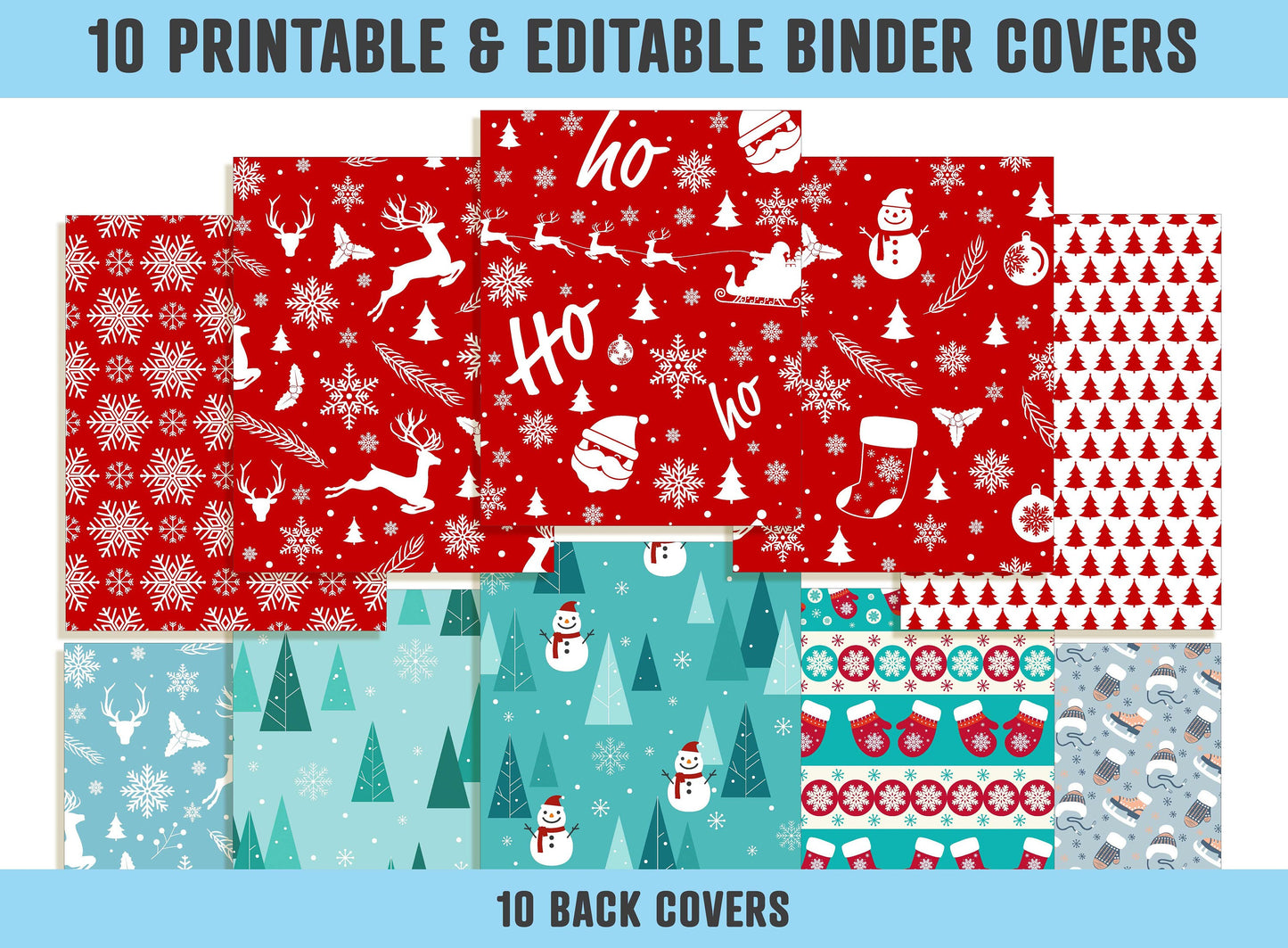 Christmas, Snowman, Santa Claus, Snowflakes, Winter Binder Cover, 10 Printable & Editable Binder Covers + Spines, Holiday Planner Template