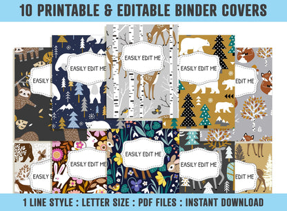 Cute Animal and Forest Binder Cover, 10 Printable & Editable Binder Covers + Spines, Teacher/School Planner Template, Binder Inserts/Labels