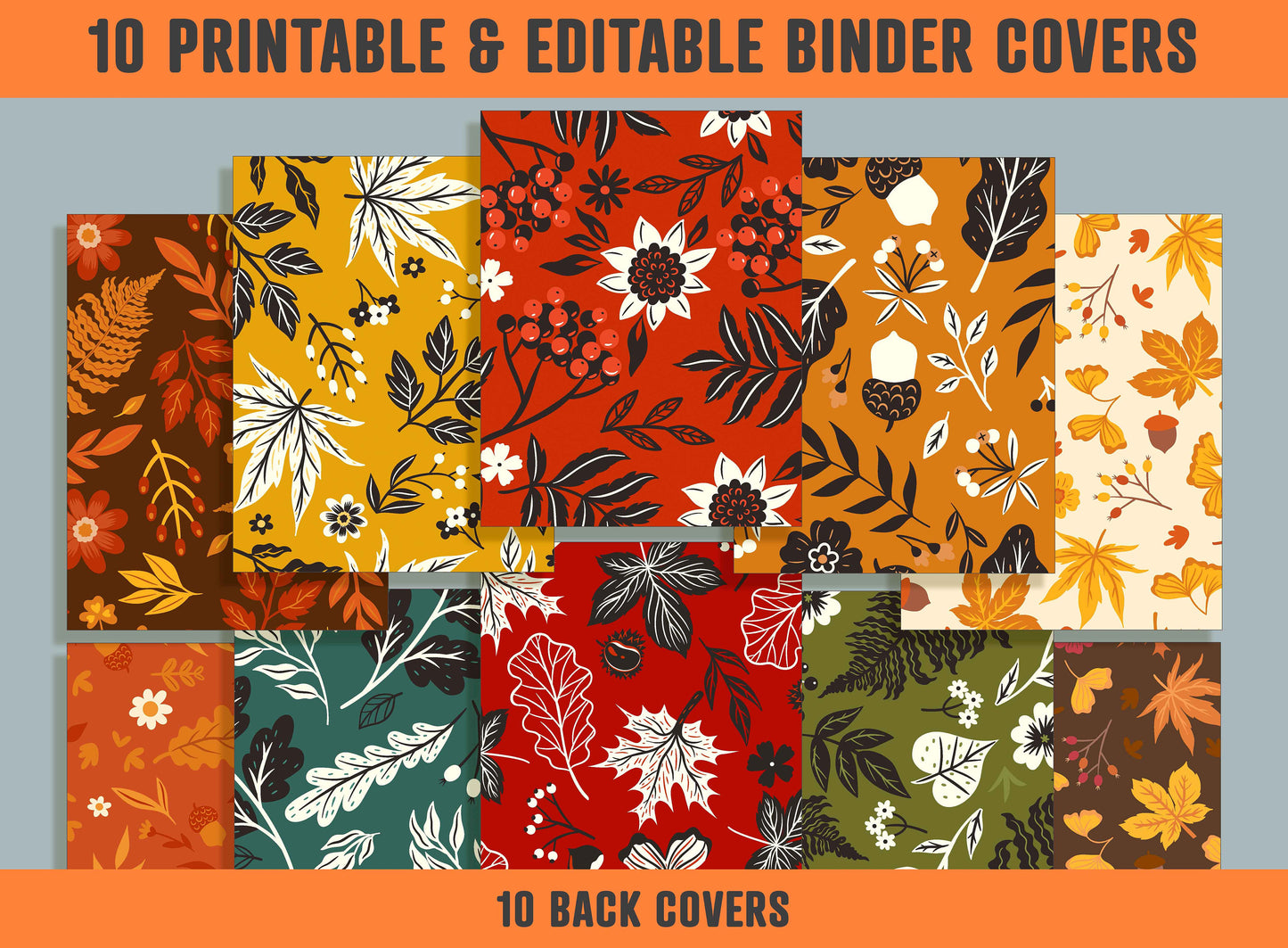 Autumn Leaves and Berries Binder Cover, 10 Printable/Editable Binder Covers + Spines, Planner Template, Teacher/School Binder Labels/Inserts