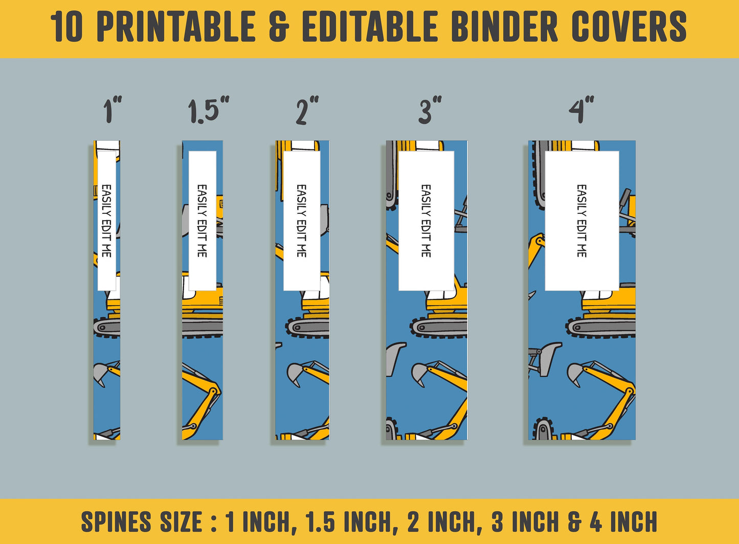 Construction Truck Binder Cover, 10 Printable & Editable Binder Covers+Spines, Binder Cover Inserts, Planner Template, Teacher/School Binder