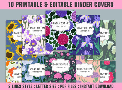 Blooming Flowers Binder Cover, 10 Printable/Editable Binder Covers + Spines, Floral Planner Template, Teacher/School Binder Labels/Inserts
