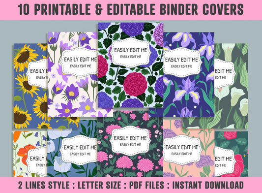 Blooming Flowers Binder Cover, 10 Printable/Editable Binder Covers + Spines, Floral Planner Template, Teacher/School Binder Labels/Inserts