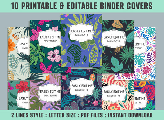 Tropical Leaves Binder Cover, 10 Printable/Editable Binder Covers + Spines, Leaf Planner Template, Teacher/School Binder Labels/Inserts