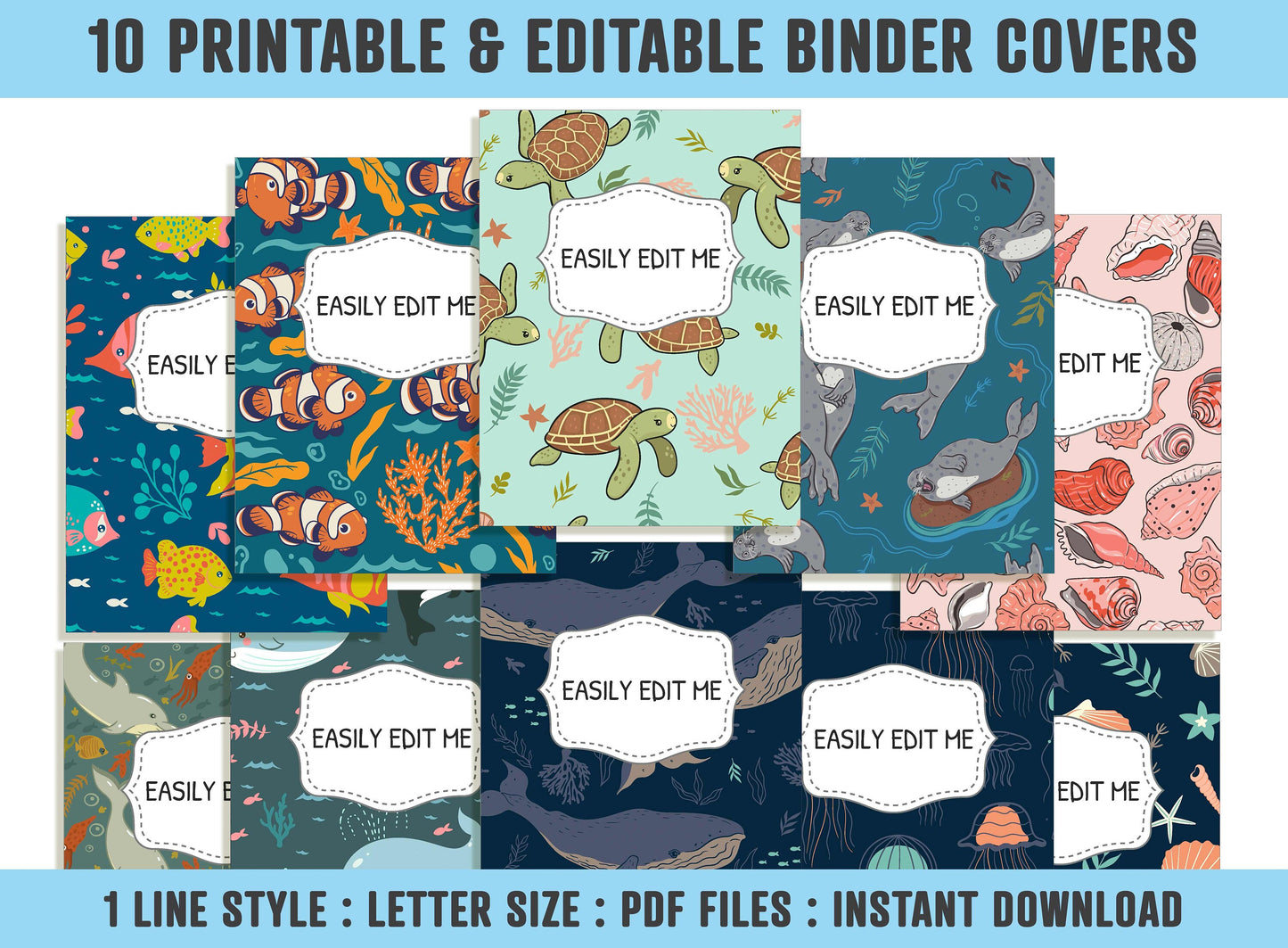 Sea Life Pattern Binder Cover, 10 Printable/Editable Binder Covers+Spines, Ocean Life Planner Template, Teacher/School Binder Labels/Inserts