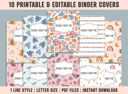 Simple Geometric and Floral Binder Cover, 10 Printable & Editable Binder Covers+Spines, Teacher/School Binder Labels, Planner/Folder Inserts