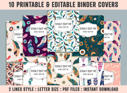 Colorful Feathers Binder Cover, 10 Printable/Editable Covers+Spines, Planner Insert, Teacher/School Binder Label, Folder Cover Template
