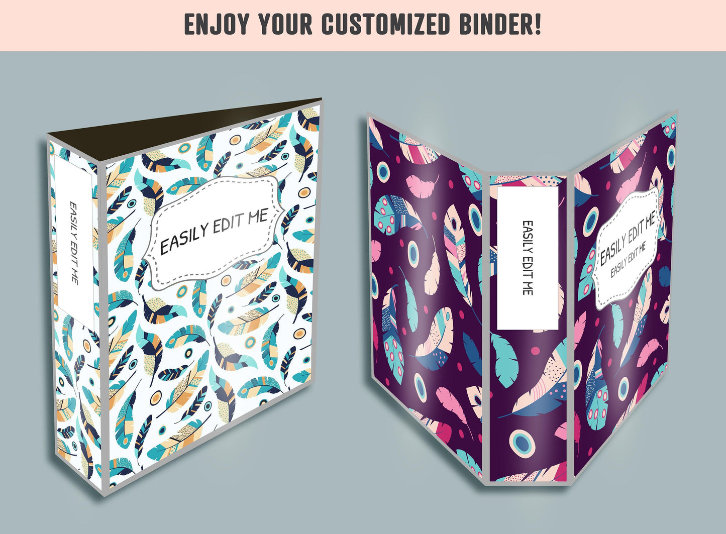 Colorful Feathers Binder Cover, 10 Printable/Editable Covers+Spines, Planner Insert, Teacher/School Binder Label, Folder Cover Template