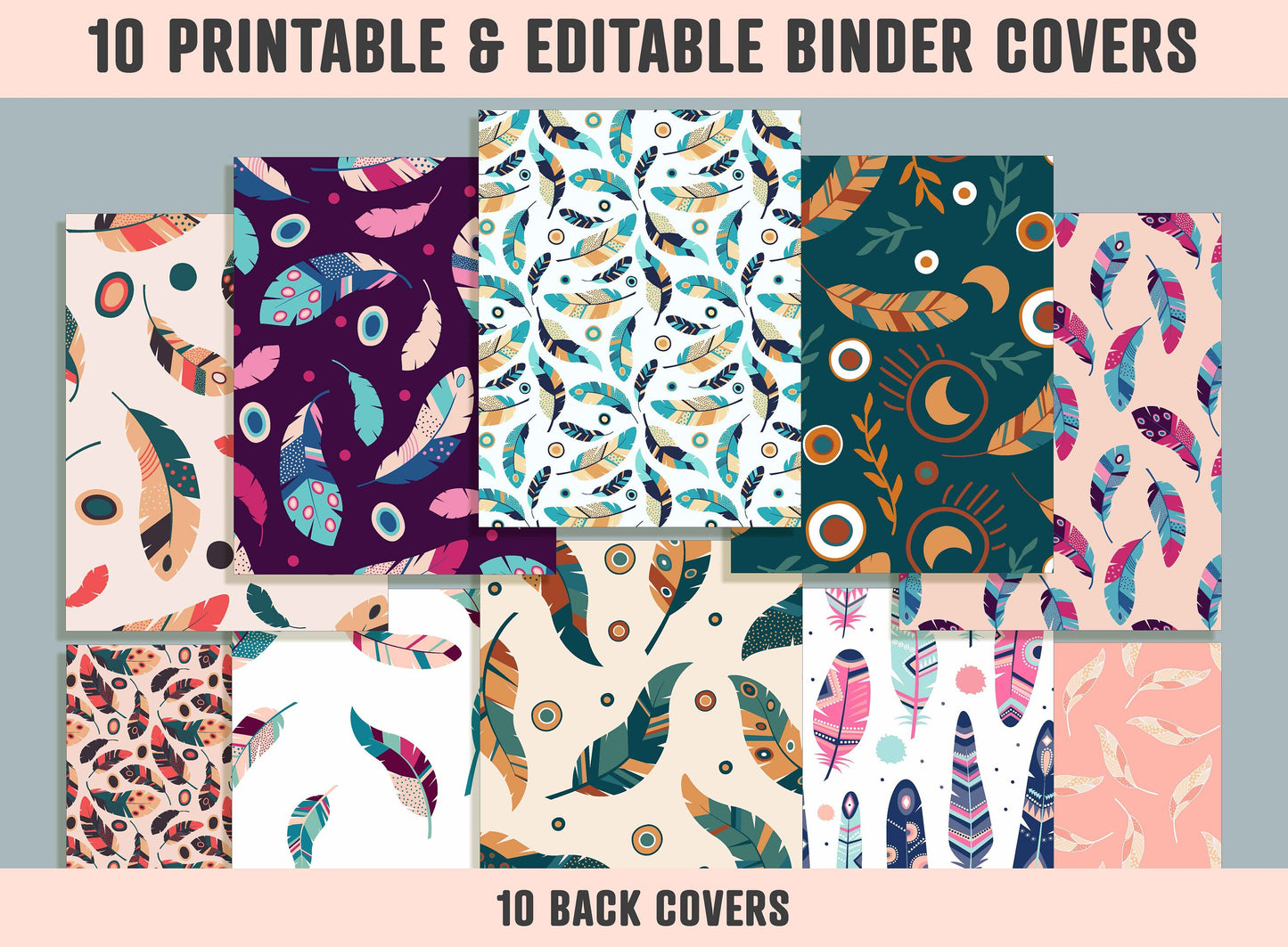 Colorful Feathers Binder Cover, 10 Printable/Editable Covers+Spines, Planner Insert, Teacher/School Binder Label, Folder Cover Template