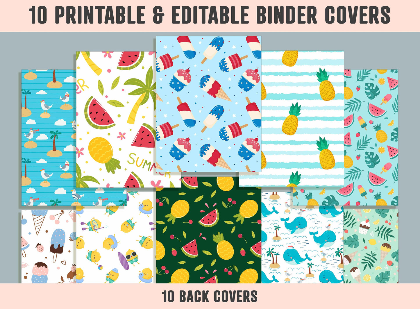 Summer Pattern Binder Cover, 10 Printable/Editable Binder Covers + Spines, Watermelon Planner Template Teacher/School Binder Label/Insert