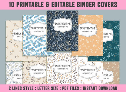 Decorative Floral Binder Cover, 10 Printable/Editable Binder Covers + Spines, Flower Planner Template Teacher/School Binder Label/Insert