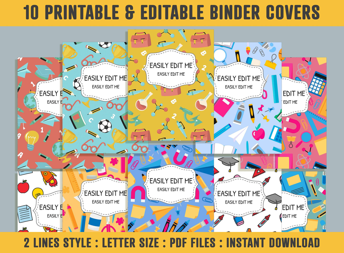 Back To School Pattern Binder Cover, 10 Printable/Editable Binder Covers+Spines, Student Planner Template Teacher/School Binder Label/Insert