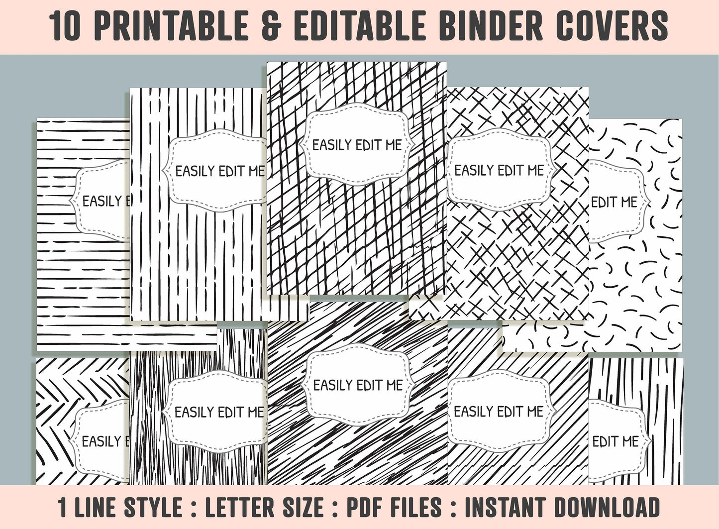 Engraving Hand Drawn Pattern Binder Cover, 10 Printable/Editable Binder Covers+Spines, Planner Template, Teacher/School Binder Label/Insert