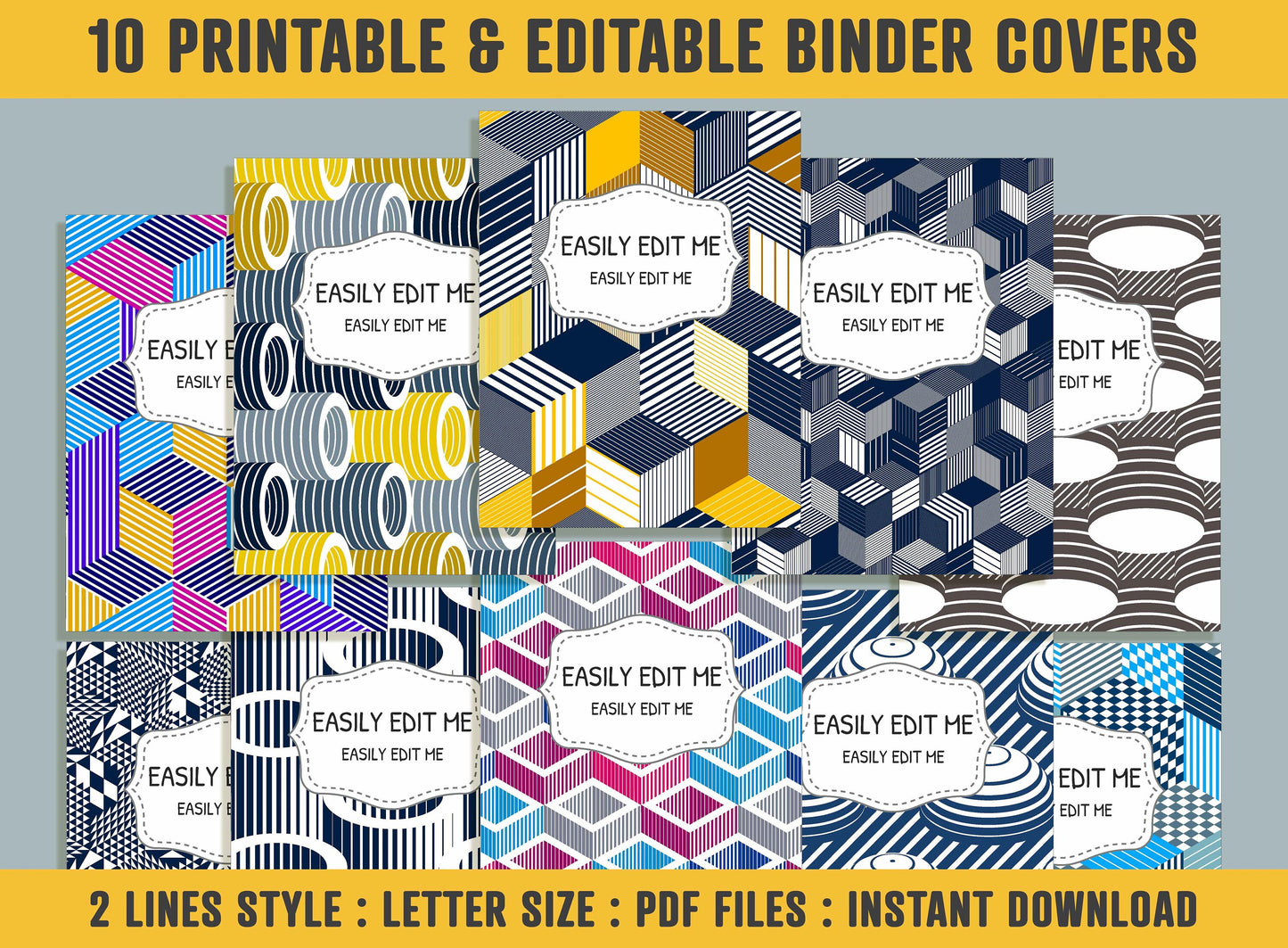 Geometric 3D Binder Cover, 10 Printable/Editable Binder Covers+Spines, Architecture/Box Planner Template, Teacher/School Binder Label/Insert
