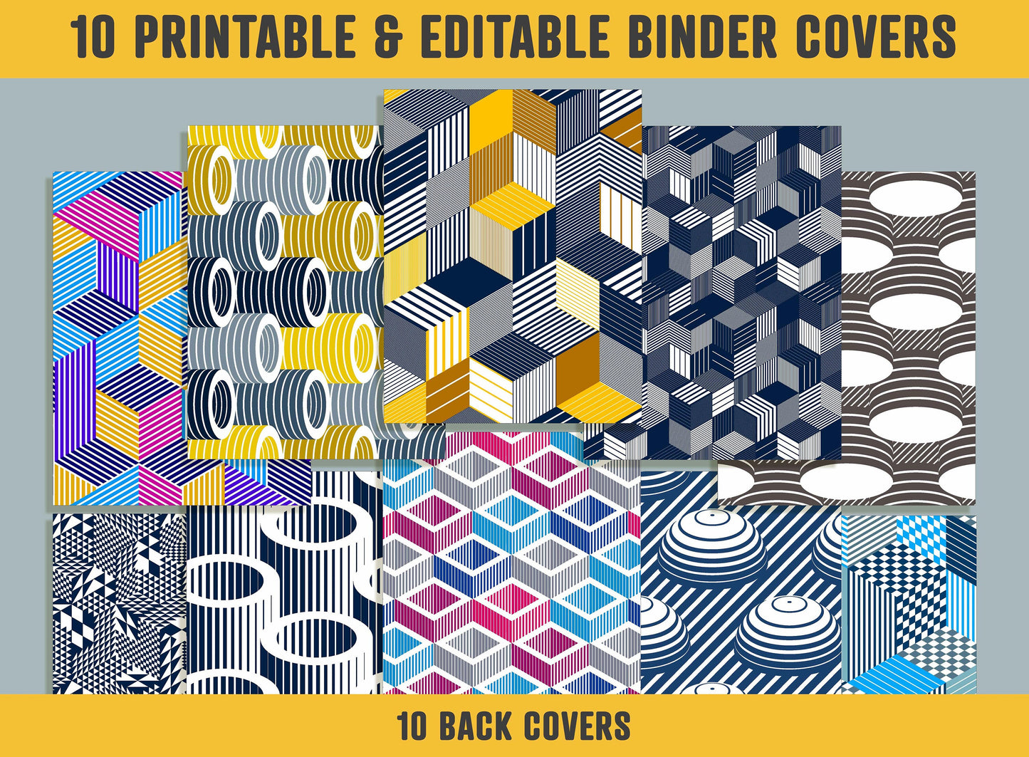 Geometric 3D Binder Cover, 10 Printable/Editable Binder Covers+Spines, Architecture/Box Planner Template, Teacher/School Binder Label/Insert