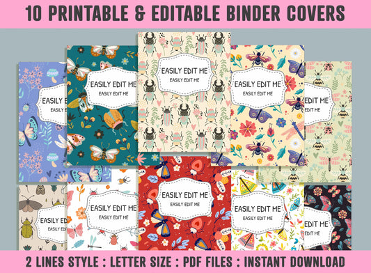 Insects and Flowers Binder Cover, 10 Printable & Editable Binder Covers + Spines, Planner Template, Teacher/School Binder Labels/Inserts