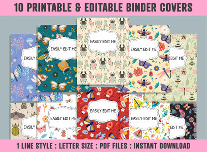 Insects and Flowers Binder Cover, 10 Printable & Editable Binder Covers + Spines, Planner Template, Teacher/School Binder Labels/Inserts