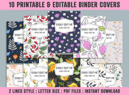 Floral Leaves and Geometric Shapes Binder Cover, 10 Printable/Editable Covers + Spines, Planner Template, Teacher/School Binder Label/Insert