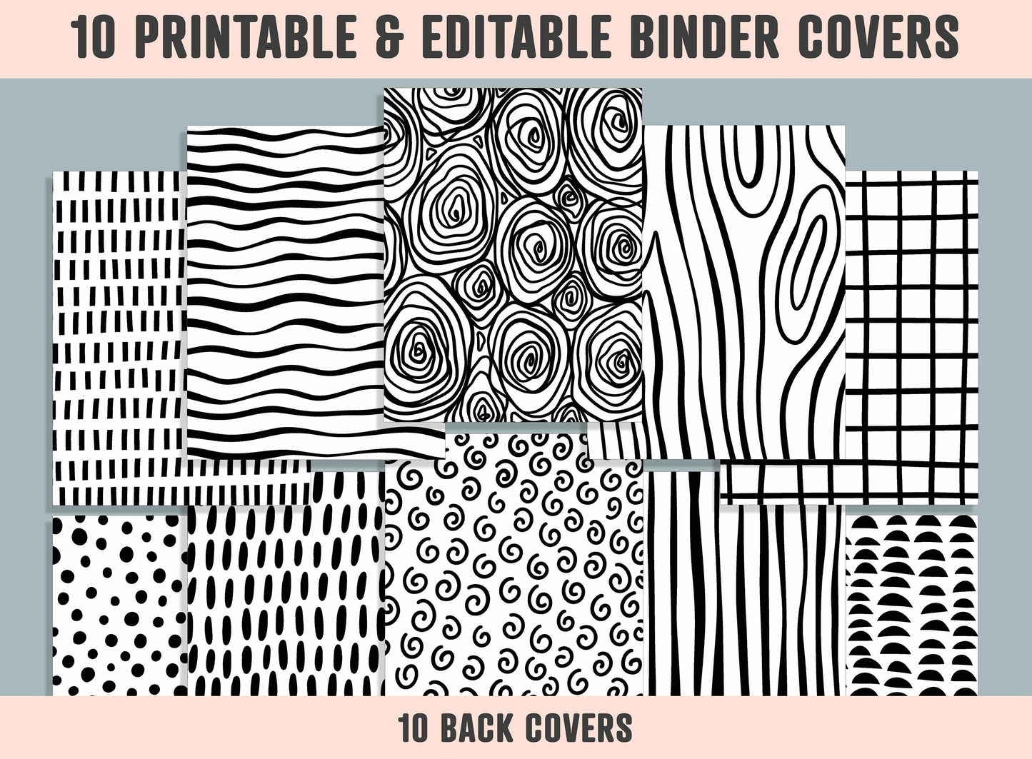 Abstract Vector Binder Cover, 10 Printable/Editable Binder Covers+Spines, Black & White Planner Template, Teacher/School Binder Label/Insert