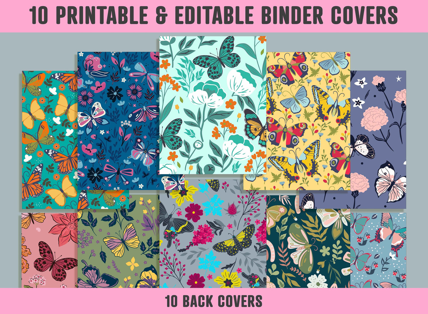 Butterflies Binder Cover, 10 Printable/Editable Binder Covers+Spines, Butterfly/Flower Planner Template, Teacher/School Binder Label/Insert