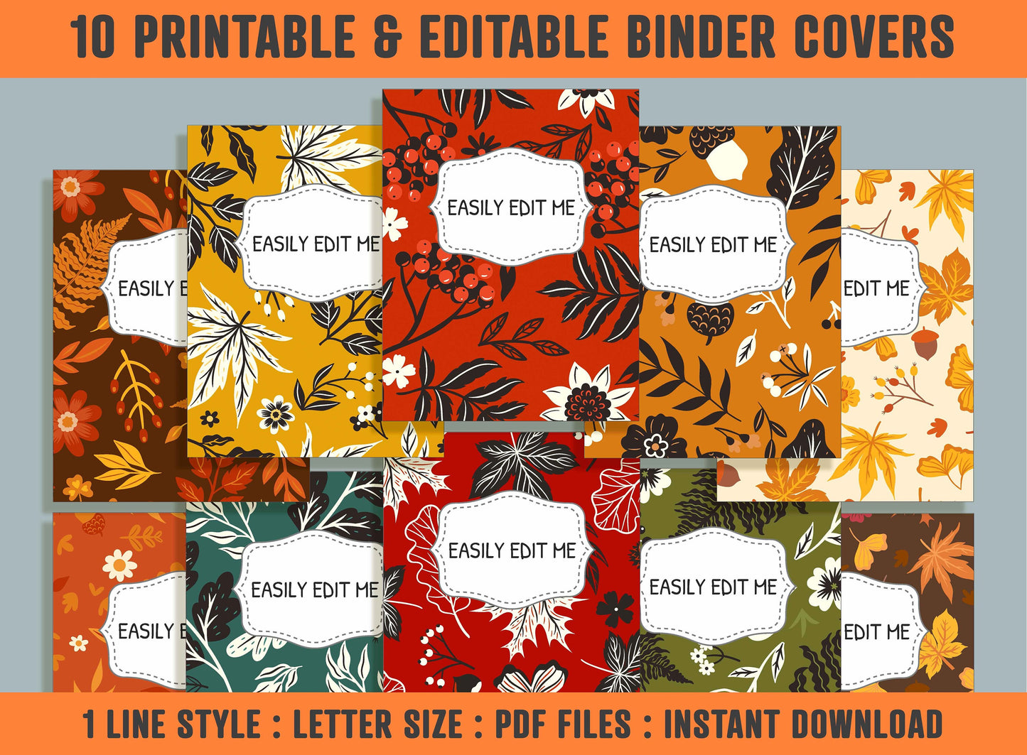 Autumn Leaves and Berries Binder Cover, 10 Printable/Editable Binder Covers + Spines, Planner Template, Teacher/School Binder Labels/Inserts