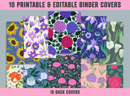 Blooming Flowers Binder Cover, 10 Printable/Editable Binder Covers + Spines, Floral Planner Template, Teacher/School Binder Labels/Inserts