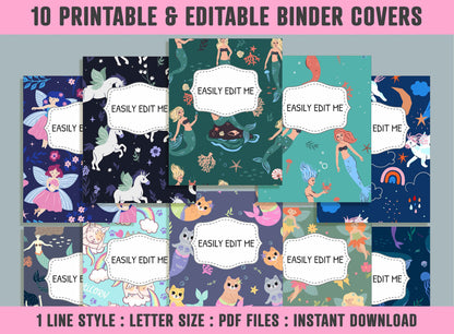 Mermaid Unicorn Fairy Binder Cover, 10 Printable/Editable Binder Covers + Spines, Planner Template, Teacher/School Binder Labels/Inserts