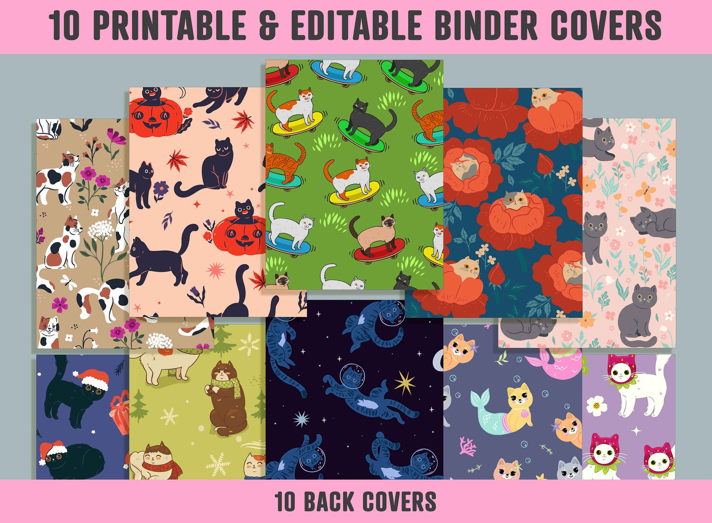 Cute Cats Binder Cover, 10 Printable/Editable Binder Covers+Spines, Kitten Planner Template, Teacher/School Binder Labels/Inserts