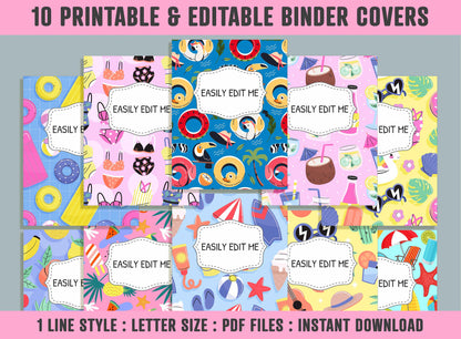 Colorful Summer Binder Cover, 10 Printable/Editable Binder Covers + Spines, Planner Template, Teacher/School Binder Label/Insert