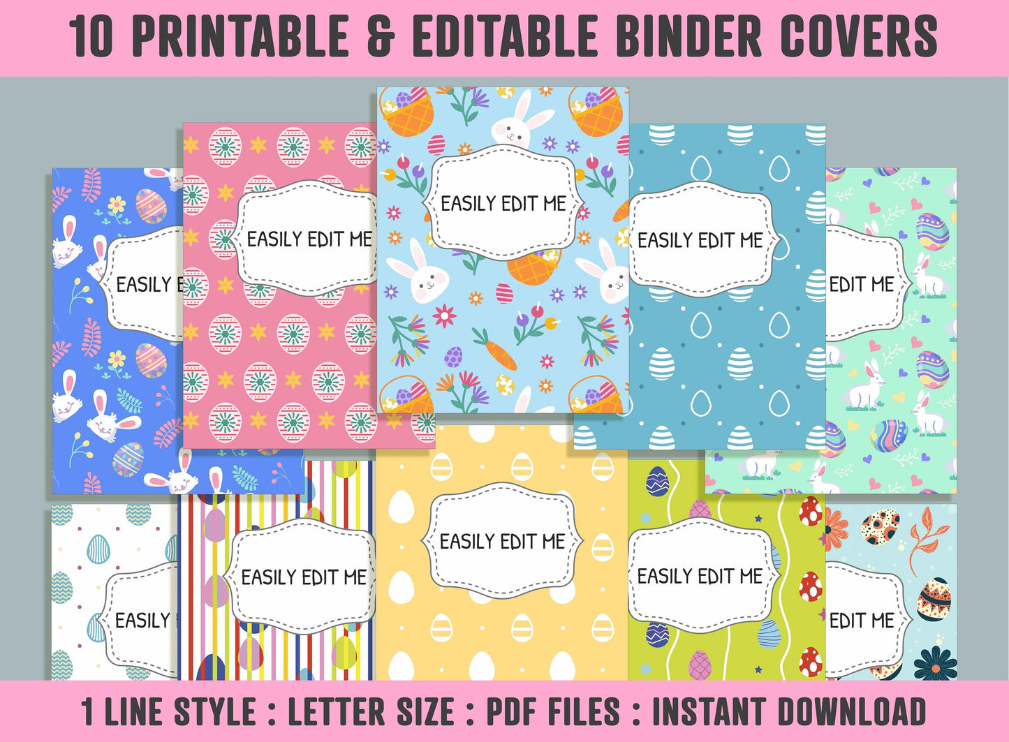 Easter Binder Cover, 10 Printable/Editable Binder Covers + Spines, Easter Eggs/Bunny Planner Template, Teacher/School Binder Label/Insert