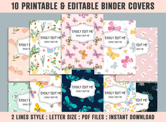 Colorful Butterflies Binder Cover, 10 Printable/Editable Binder Covers+Spines, Butterfly Planner Template Teacher/School Binder Label/Insert