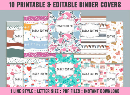 Dots and Hearts Binder Cover, 10 Printable/Editable Binder Covers + Spines, Valentine Planner Template Teacher/School Binder Label/Insert
