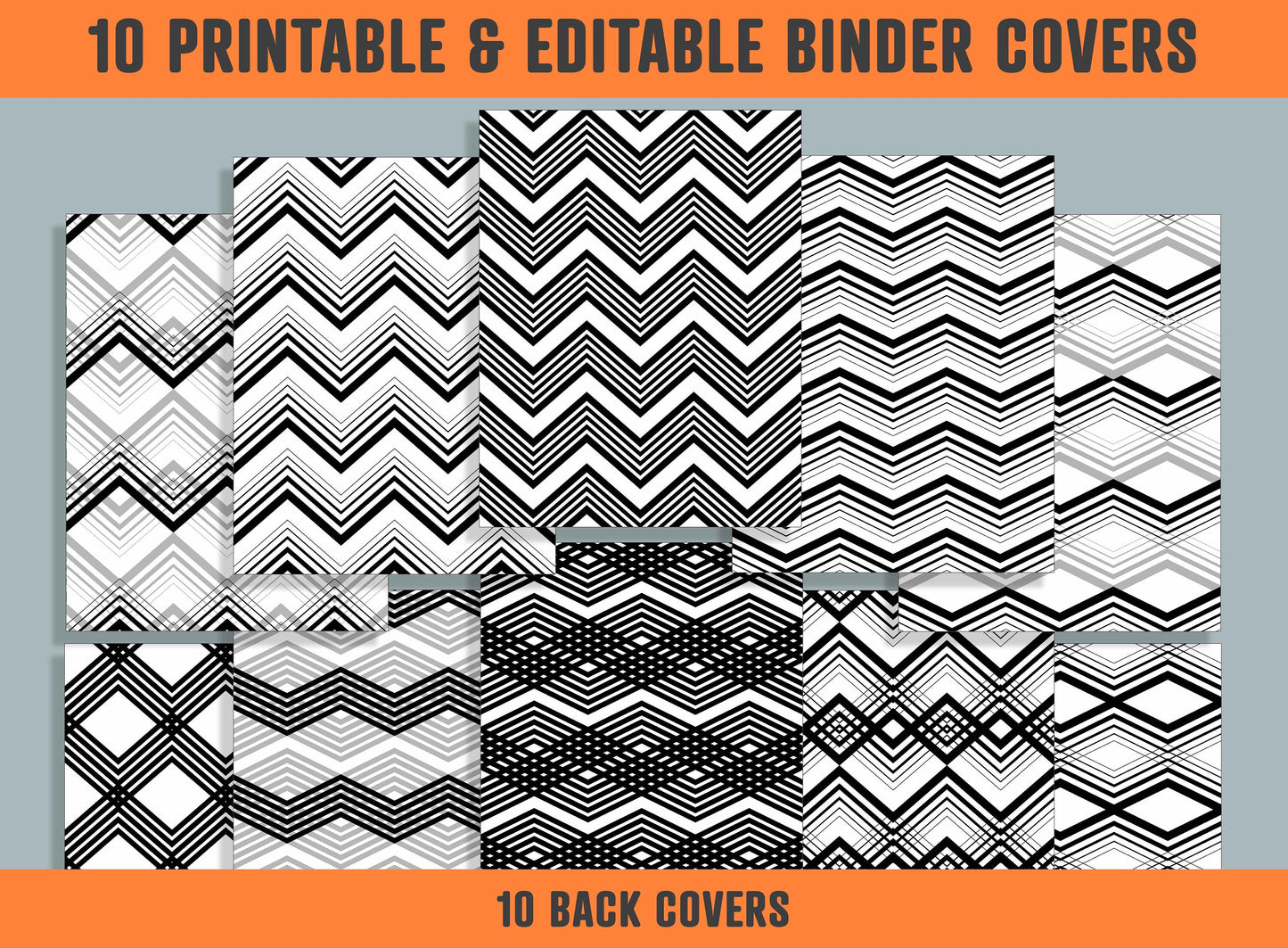 Zig Zag Black and White Binder Cover, 10 Printable/Editable Covers + Spines, Geometric Planner Template, Teacher/School Binder Label/Insert