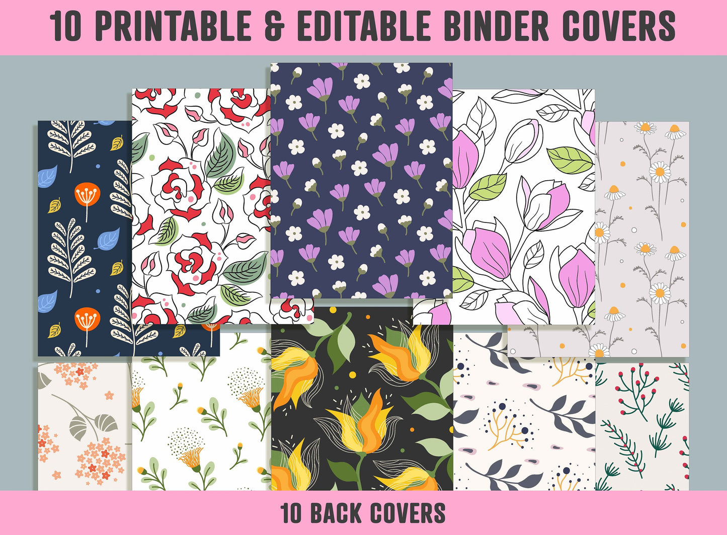 Floral Leaves and Geometric Shapes Binder Cover, 10 Printable/Editable Covers + Spines, Planner Template, Teacher/School Binder Label/Insert