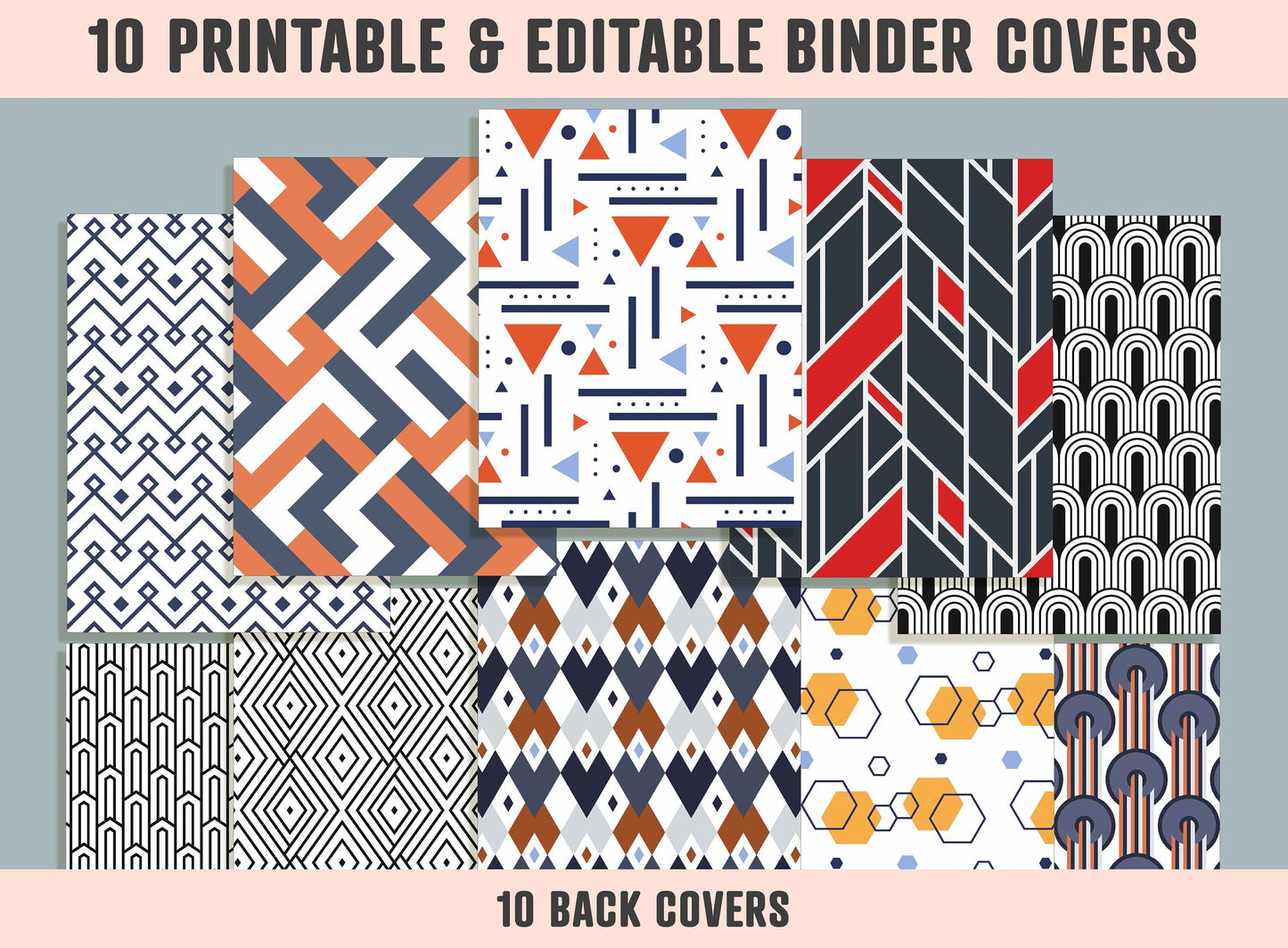 Mixed Geometric Binder Cover, 10 Printable/Editable Binder Covers + Spines, Planner Template, Teacher/School Binder Label/Insert