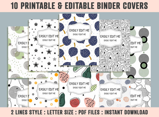 Leaves, Geometric, Monochrome Binder Cover, 10 Printable/Editable Binder Covers+Spines, Planner Template, Teacher/School Binder Label/Insert