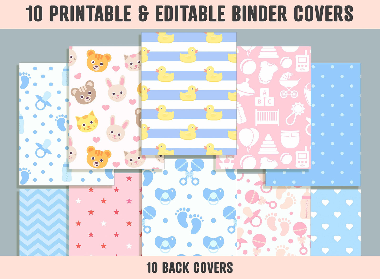 Baby Shower Binder Cover, 10 Printable/Editable Binder Covers+Spines, Baby Girl and Boy Planner Template, Teacher/School Binder Label/Insert
