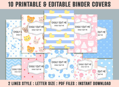 Baby Shower Binder Cover, 10 Printable/Editable Binder Covers+Spines, Baby Girl and Boy Planner Template, Teacher/School Binder Label/Insert