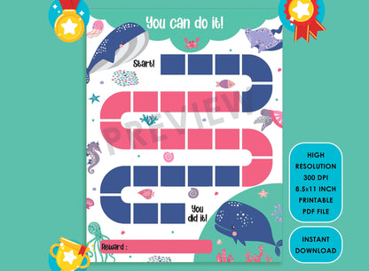 Printable Cute Whale Reward Chart, Sea Life Behavior Chart, Girl & Boy Chore Chart, Chore Chart for Kids, Responsibility Chart Sticker Chart