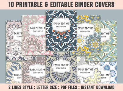 Mandala Binder Cover, 10 Printable/Editable Binder Covers+Spines, Hand Drawn Mandala Planner Template, Teacher/School Binder Label/Insert