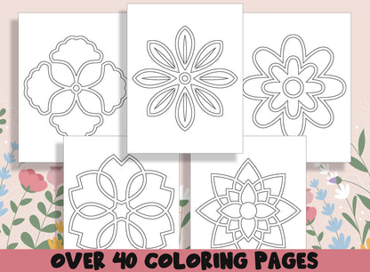 Flower Mandalas Coloring Book, 40 Printable Simple Spring Flower Coloring Pages for Kids, Teaching Materials, Stress Relief and Relaxation