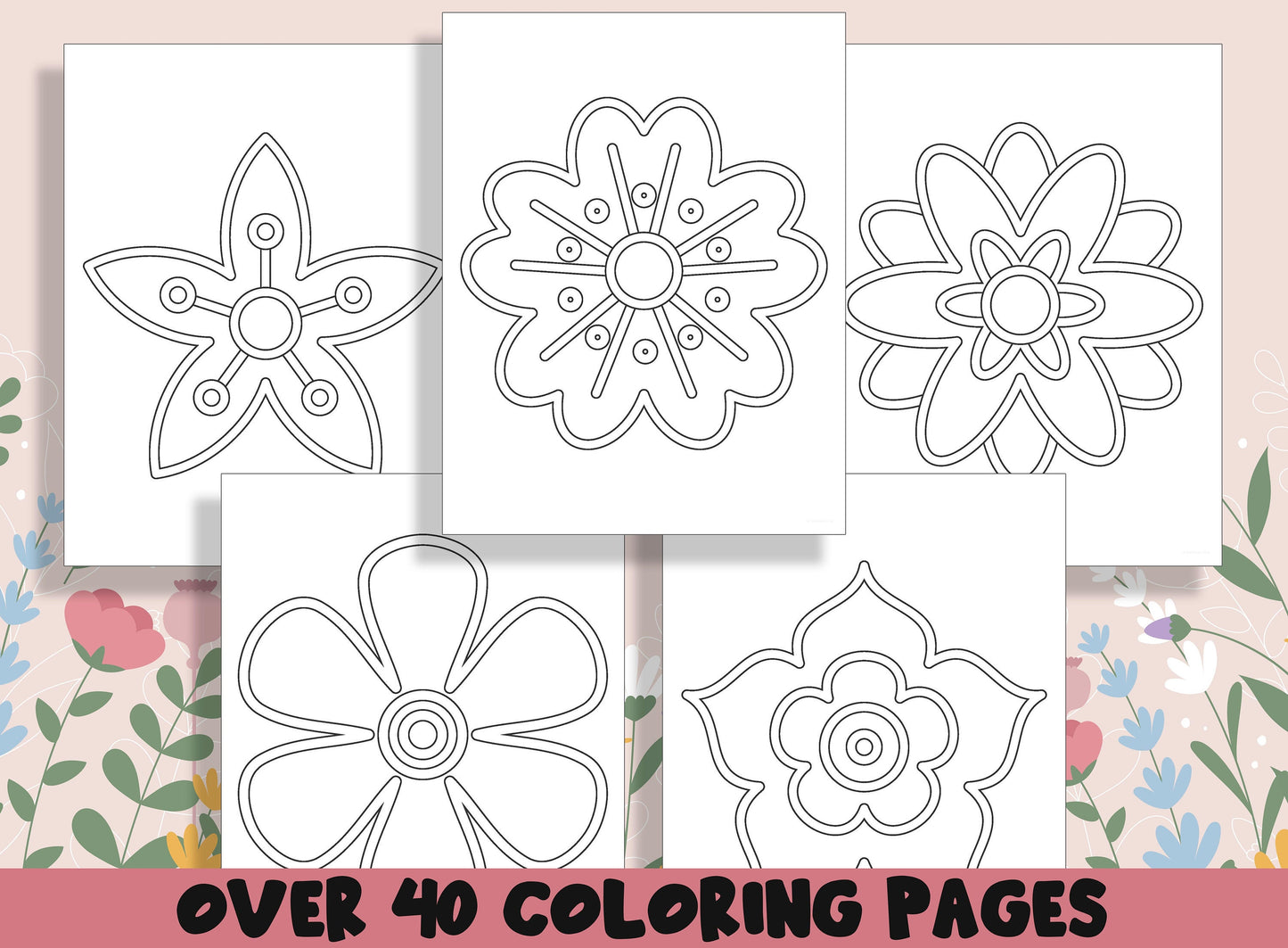 Flower Mandalas Coloring Book, 40 Printable Simple Spring Flower Coloring Pages for Kids, Teaching Materials, Stress Relief and Relaxation