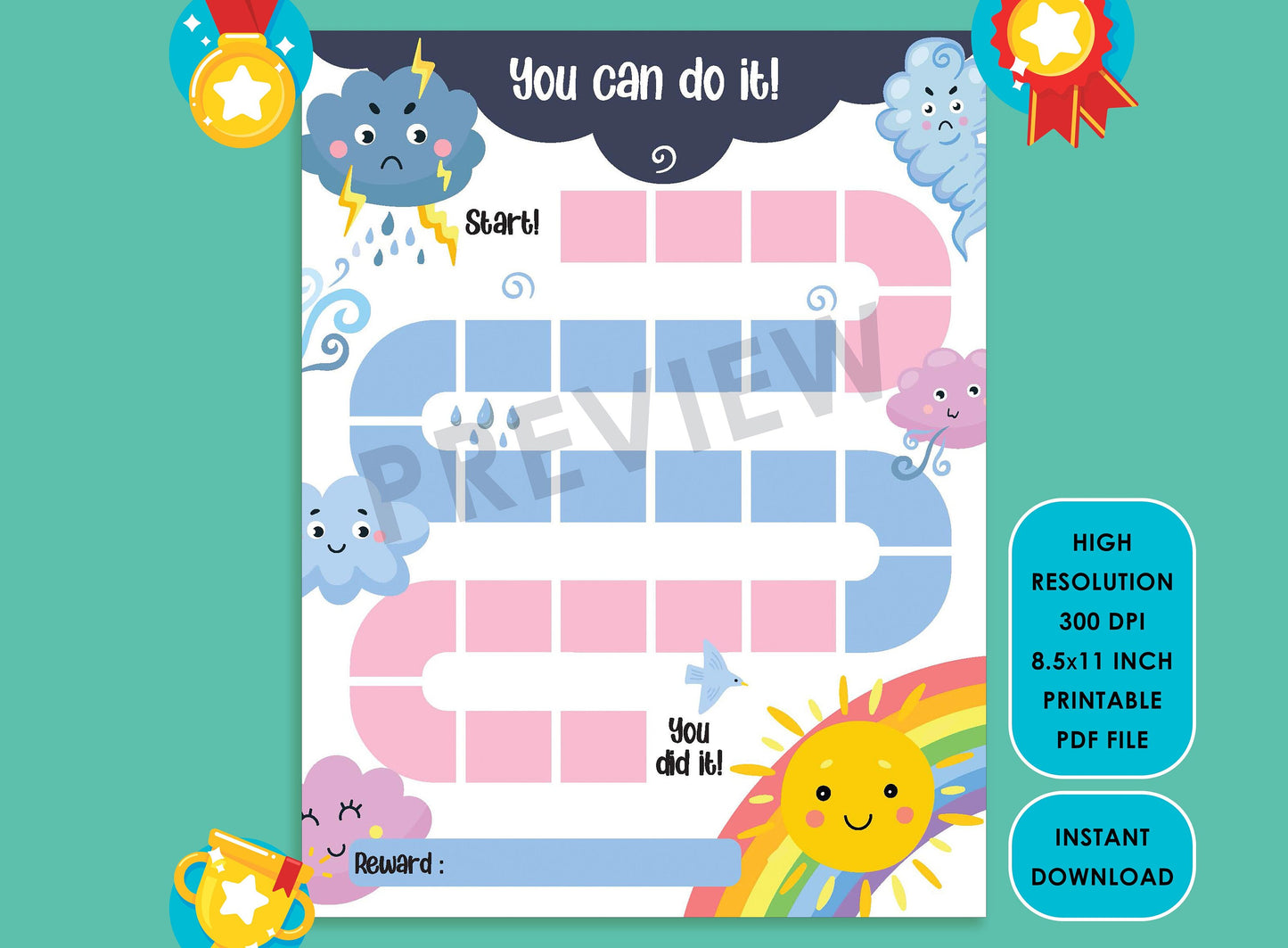 Printable Cute Weather Reward Chart, Cute Weather Emoticons, Funny Weather Character (Rainbow, Rain, Hurricane, Angry Cloud, Sun, Tornado)