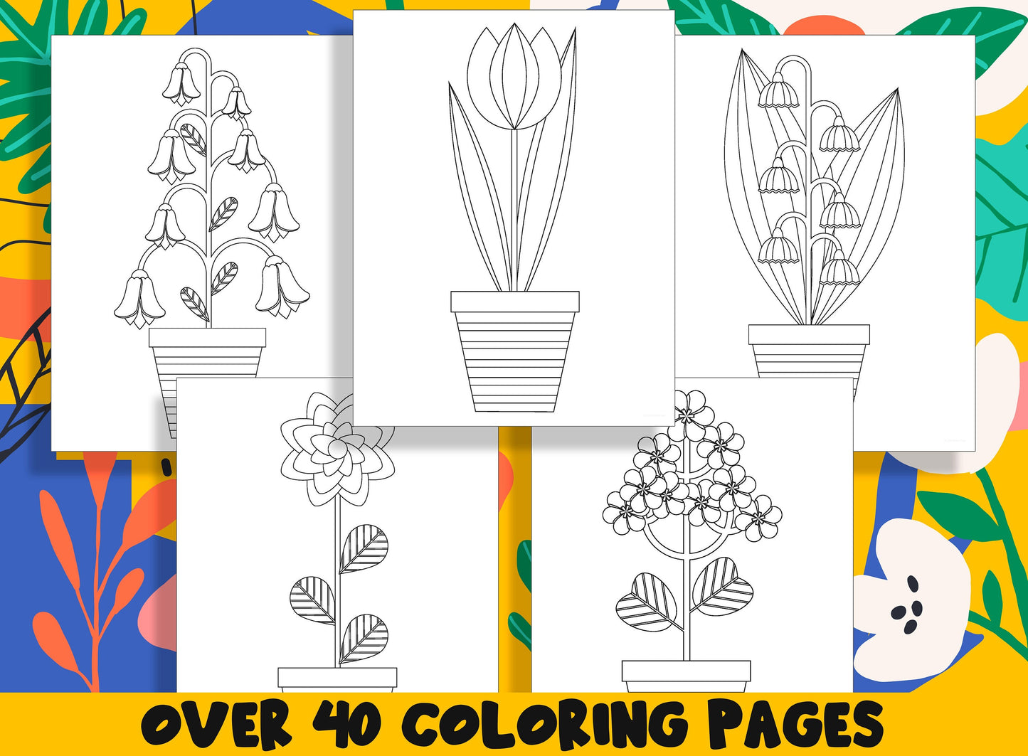 Summer Flowers in Pots Coloring Book, 40 Printable Flower Coloring Pages for Kids, Teaching Materials, Stress Relief and Relaxation