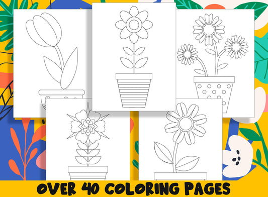 Summer Flowers in Pots Coloring Book, 40 Printable Flower Coloring Pages for Kids, Teaching Materials, Stress Relief and Relaxation