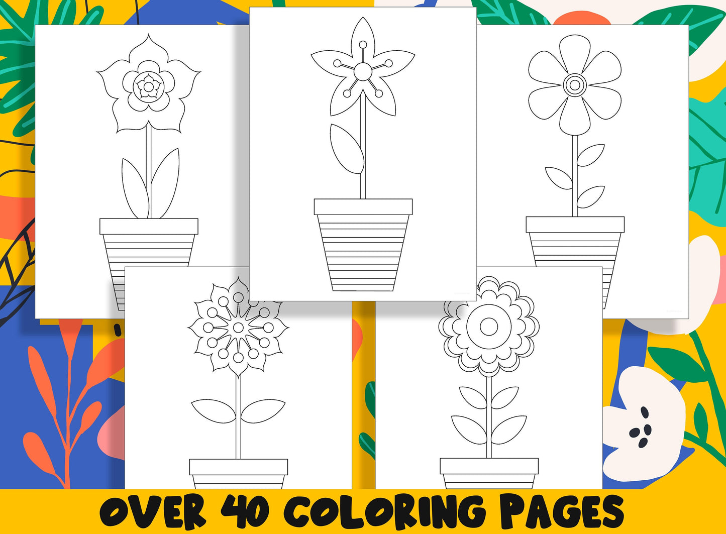 Summer Flowers in Pots Coloring Book, 40 Printable Flower Coloring Pages for Kids, Teaching Materials, Stress Relief and Relaxation