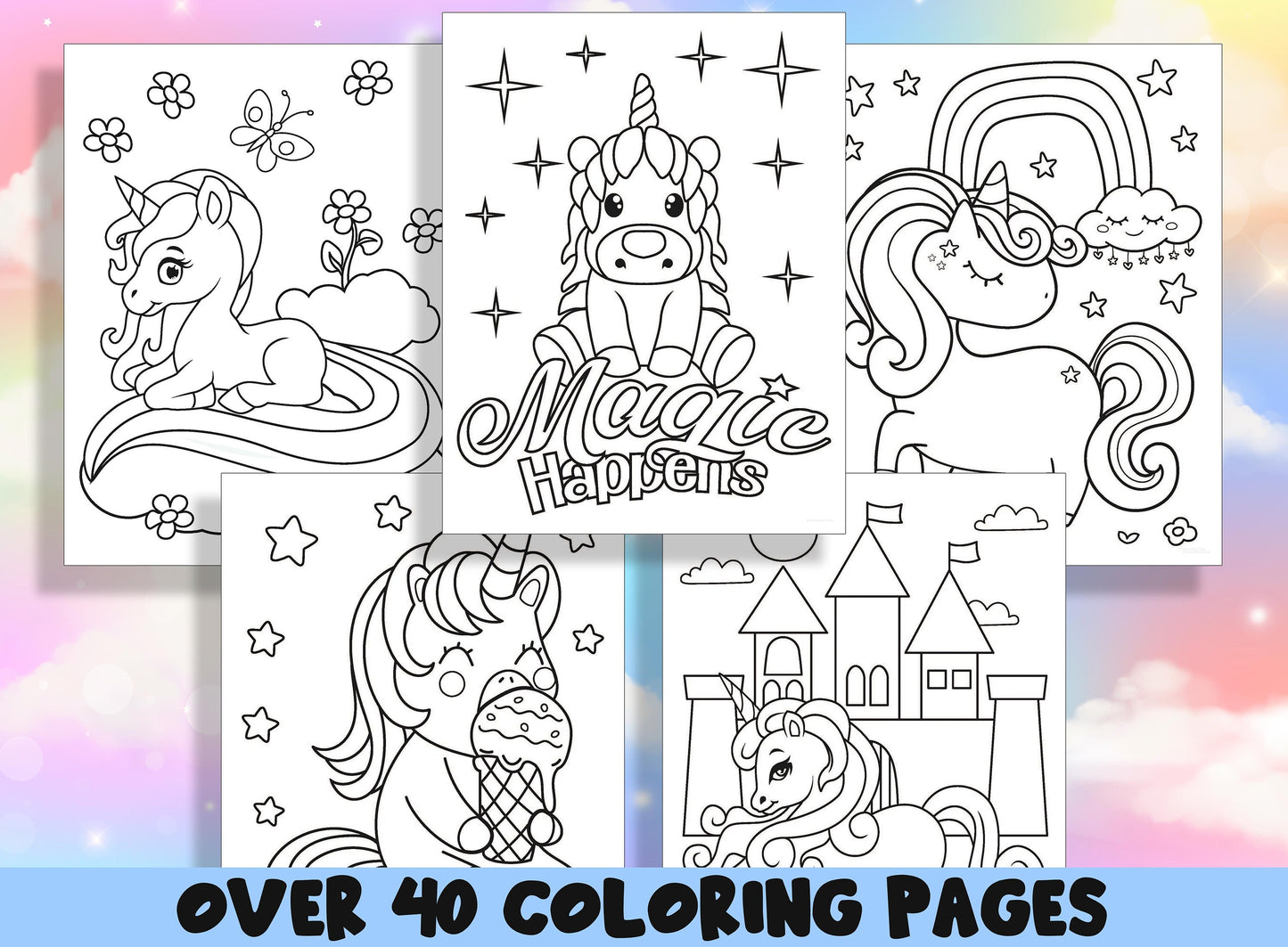 Unicorn Coloring Book, New 40 Printable Cute Unicorn Coloring Pages for Kids, Select Coloring Pages of The Unicorn, Winged Unicorn, Rainbow