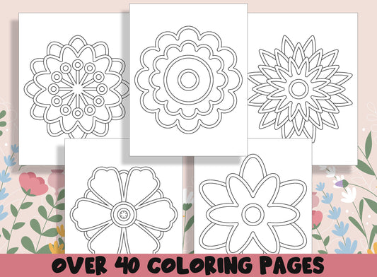 Flower Mandalas Coloring Book, 40 Printable Simple Spring Flower Coloring Pages for Kids, Teaching Materials, Stress Relief and Relaxation