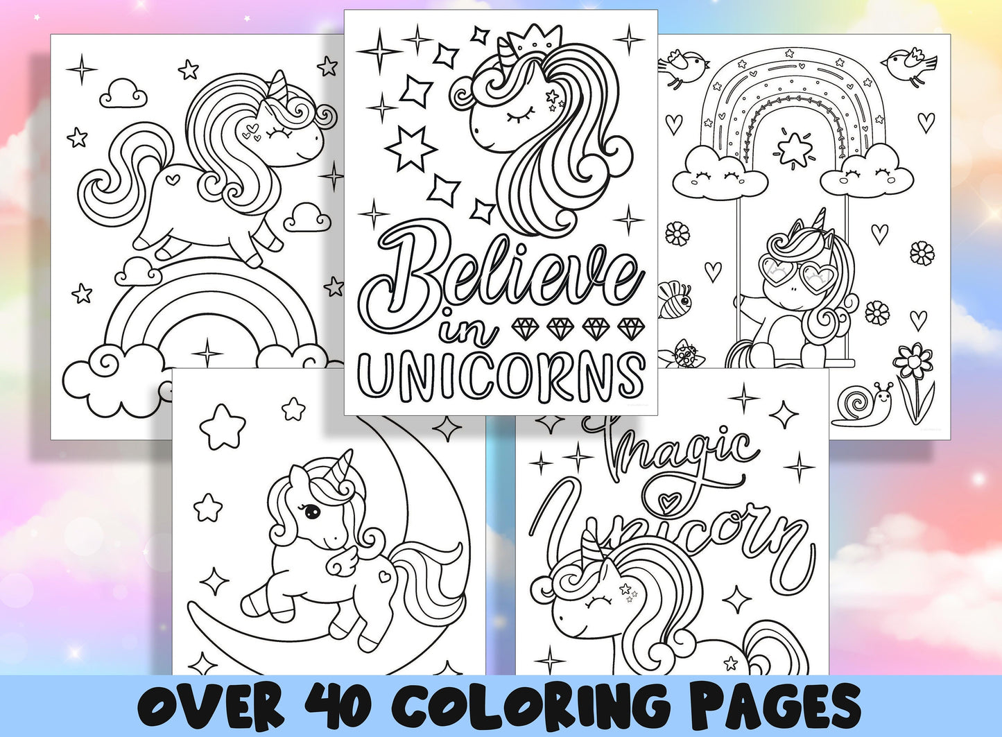 Unicorn Coloring Book, New 40 Printable Cute Unicorn Coloring Pages for Kids, Select Coloring Pages of The Unicorn, Winged Unicorn, Rainbow